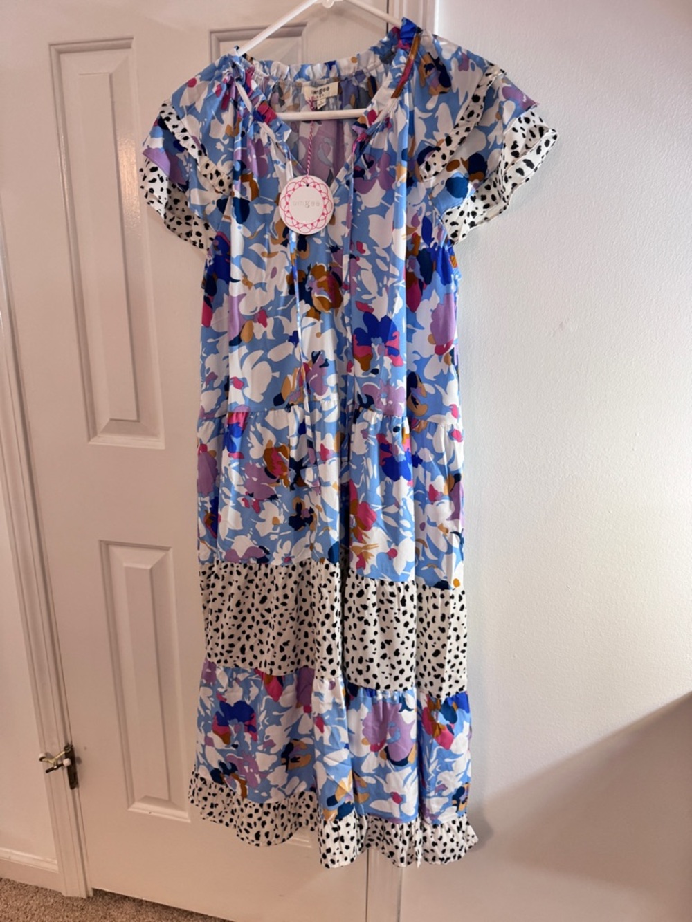Umgee Floral Tiered Midi Dress in Blue & Cream